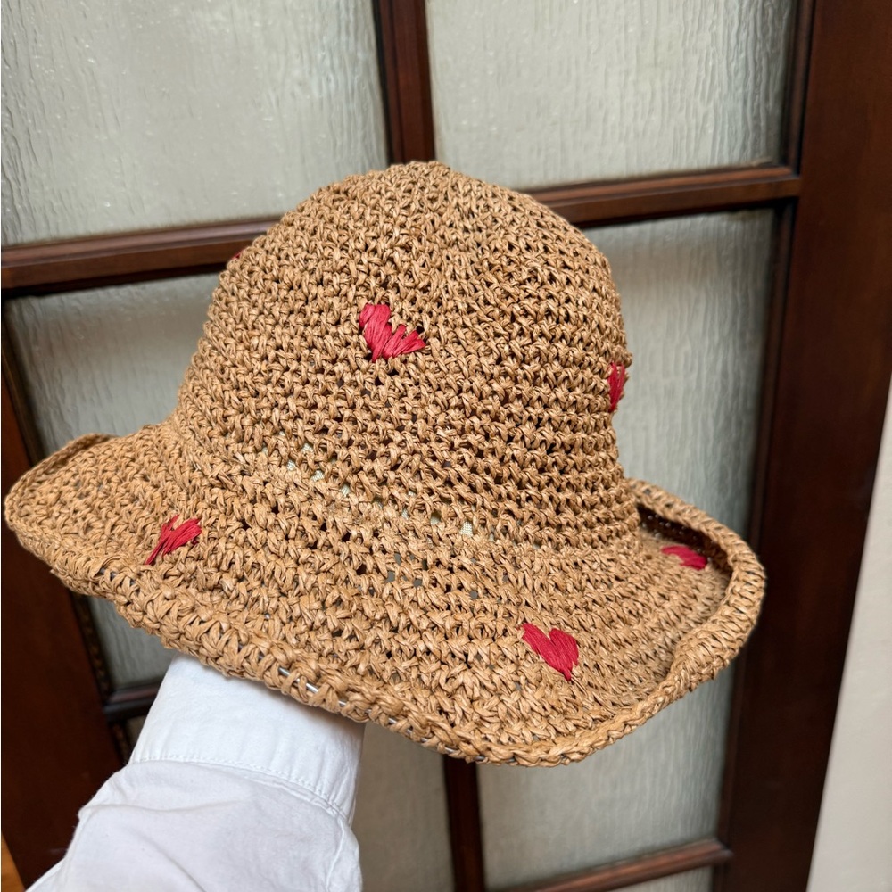 Anthropologie Brown Straw Hat with Red Hearts Embroidery - Picture 5 of 5